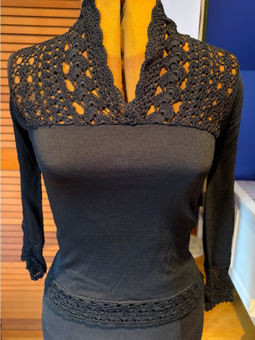Cynthia Steffe Black Crochet Trim Top